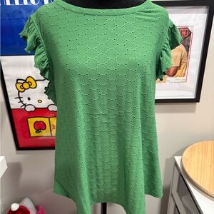 Kim & Cami Textured Green Blouse with Ruffle Sleeves